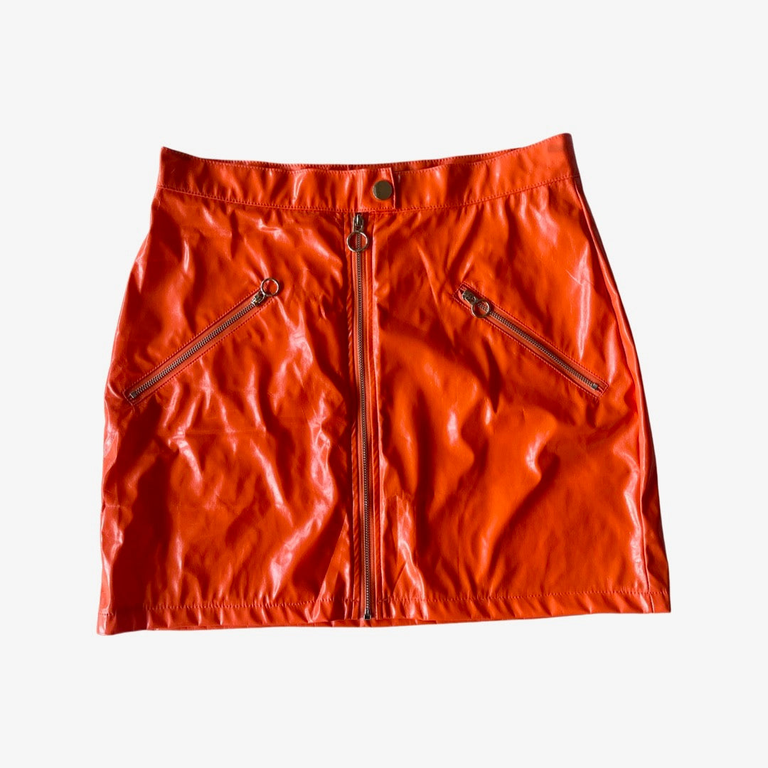 Stylish, Faux Leather, Orange, Zipper, Fashion Midi Skirt