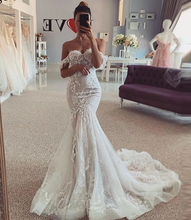 Load image into Gallery viewer, Boho, Wedding Dress, Stunning Off the Shoulder, Lace, Mermaid Fit, Chic Gown
